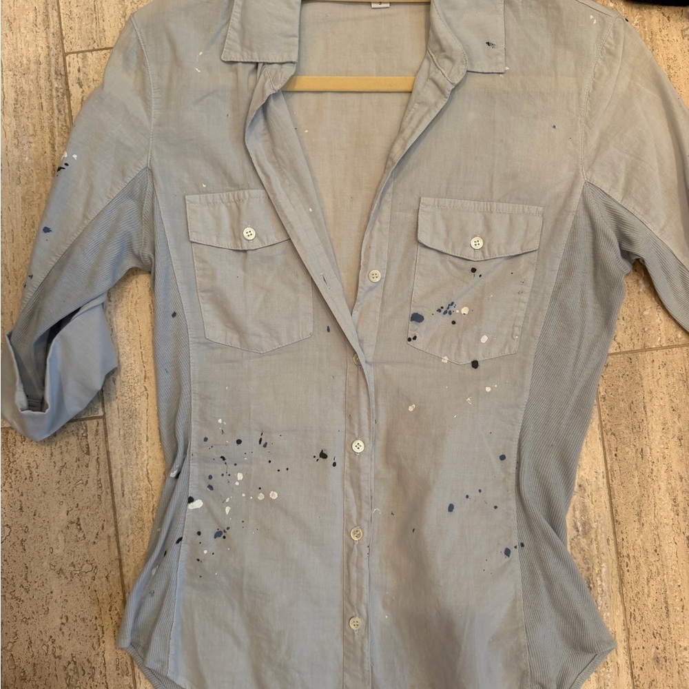 James Perse Light Blue Button-Down Shirt with Paint Splatter Detail